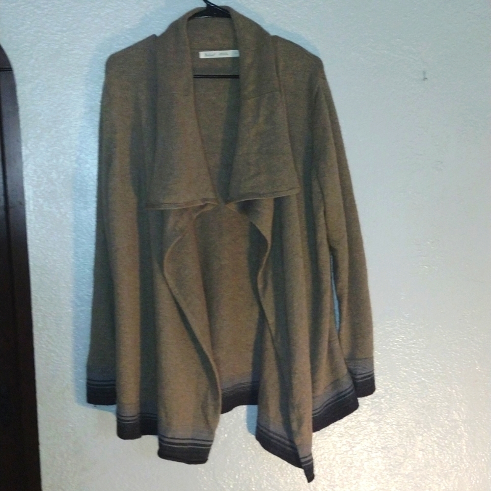 Woolrich Light Brown Wool Blend Cardigan with Gray Stripes Near Bottom Hemn L